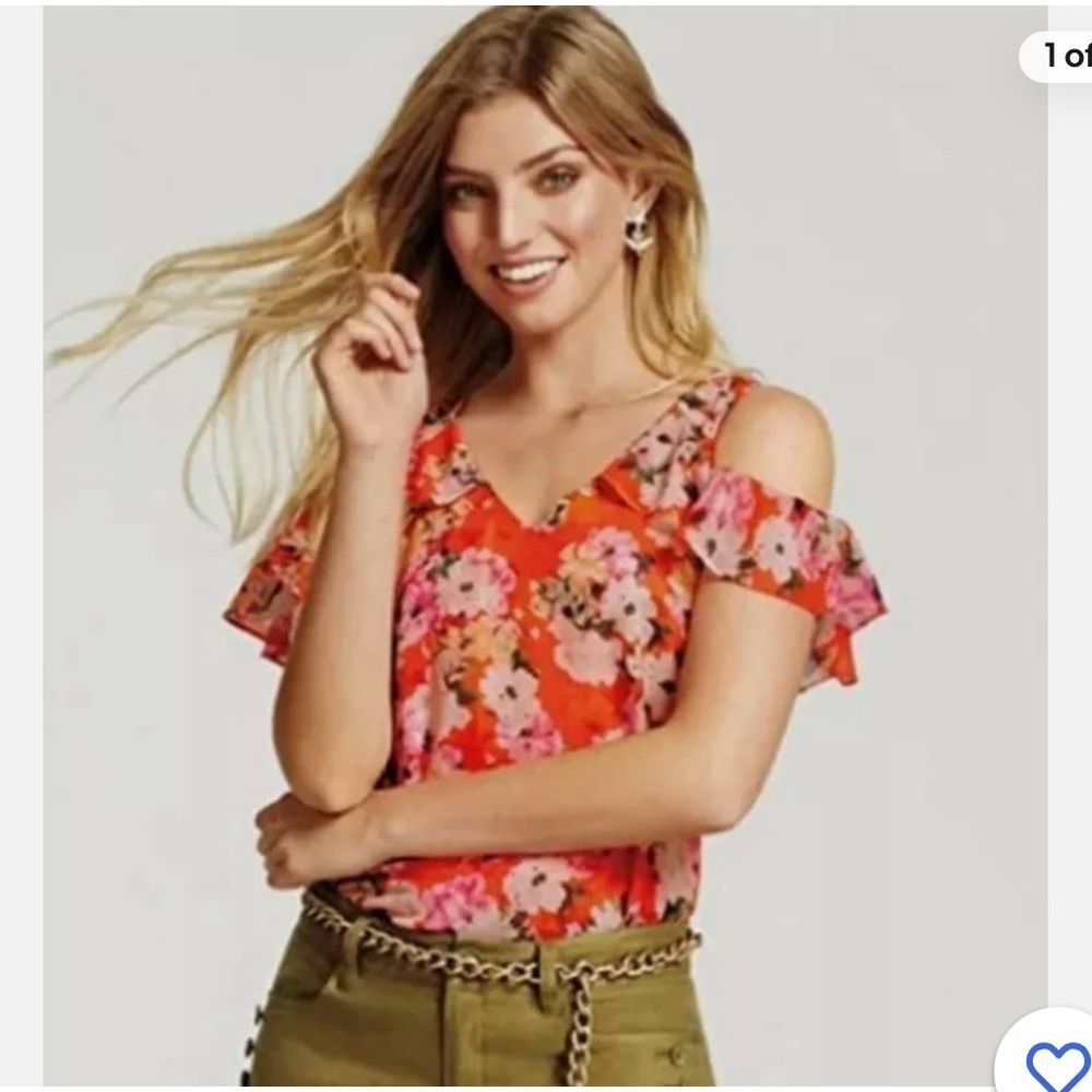 Cabi lush orange floral cold shoulder blouse